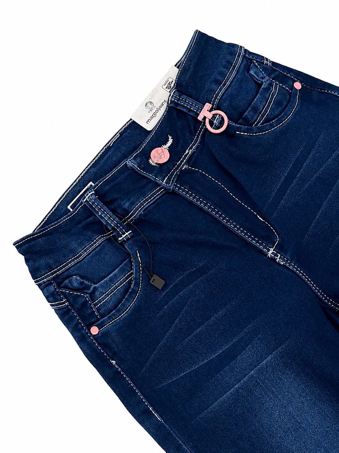 Pantalón niña de mezclilla azul oscuro con detalles rosa y ajuste cómodo
