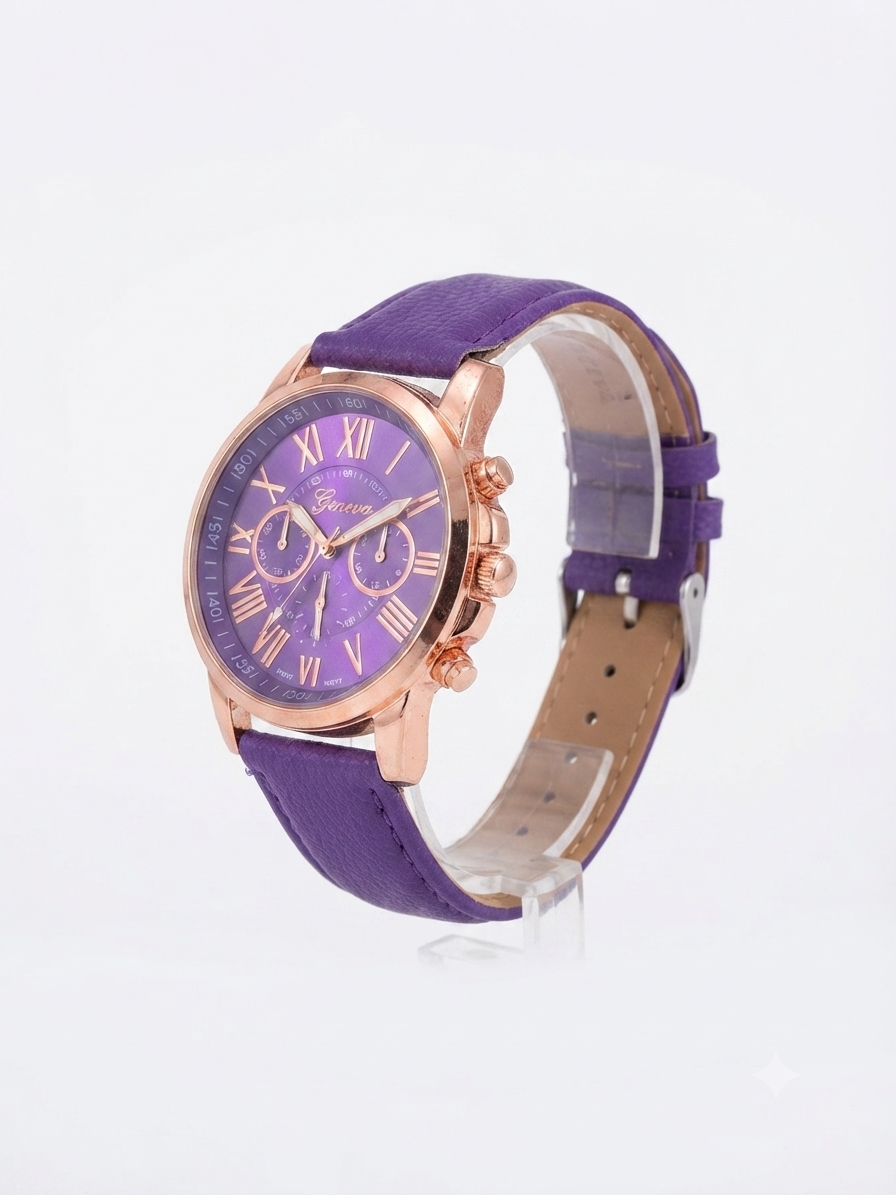 Reloj dama correa morada bisel oro rosa carátula morada