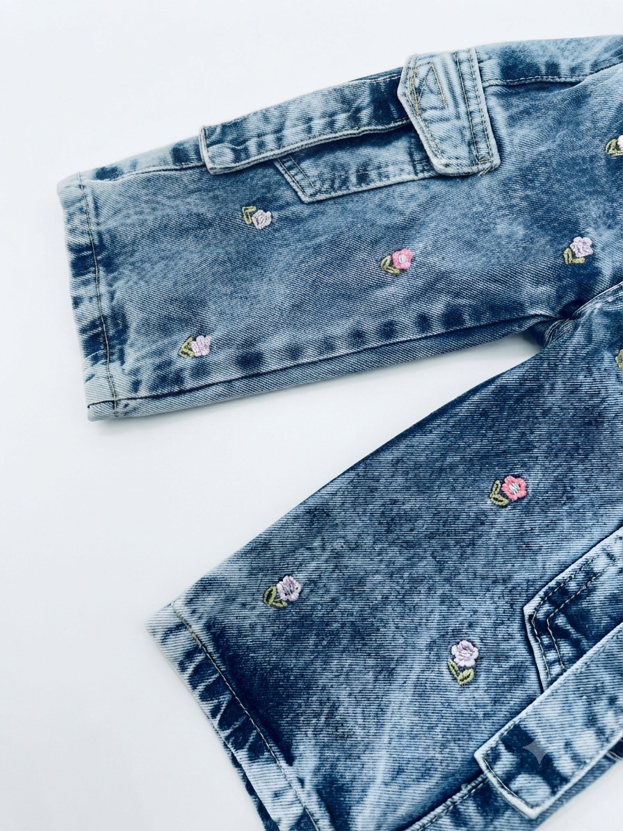Pantalón niña cargo de mezclilla con flores bordadas