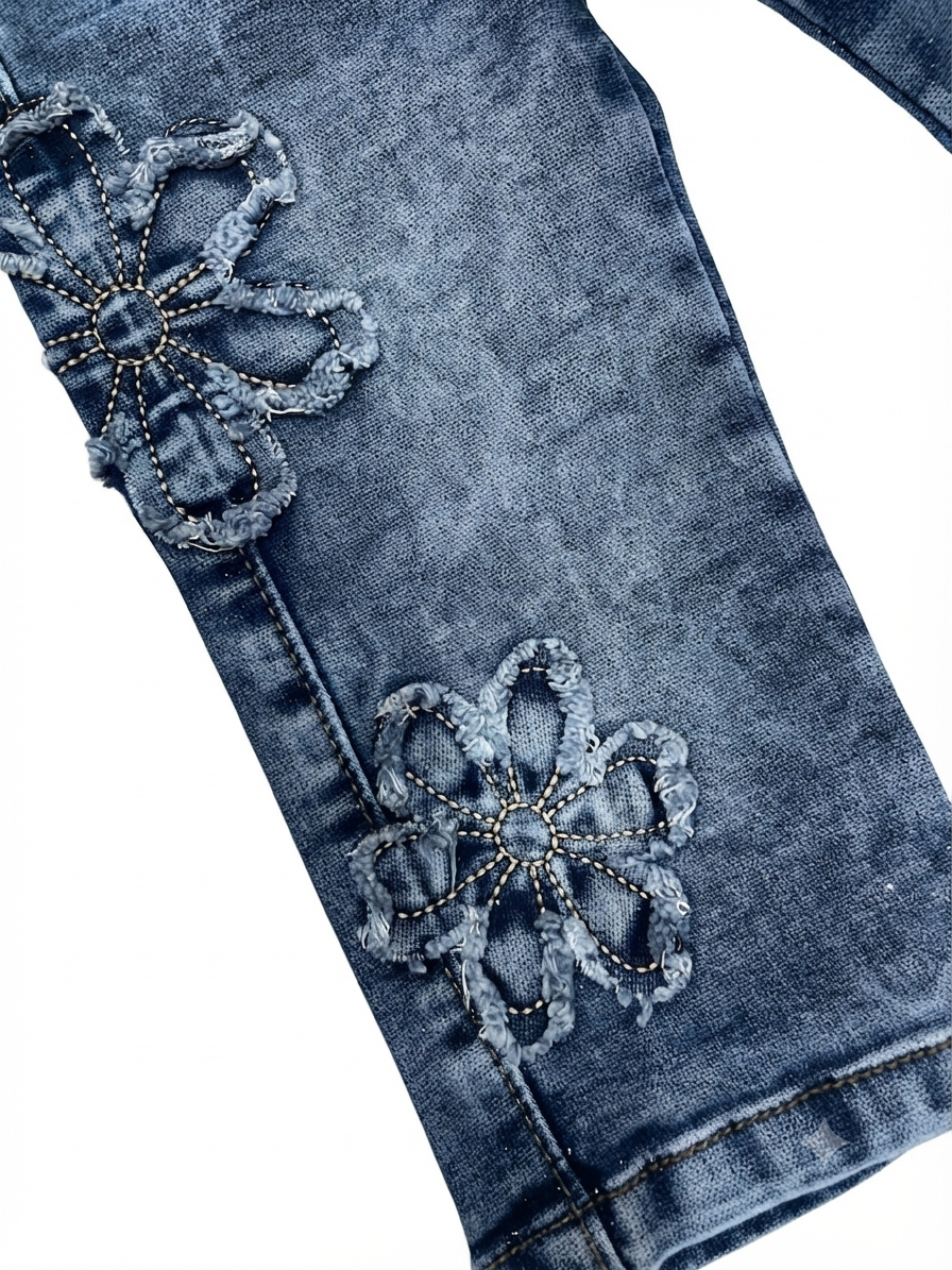 Pantalón niña de mezclilla con flores en relieve