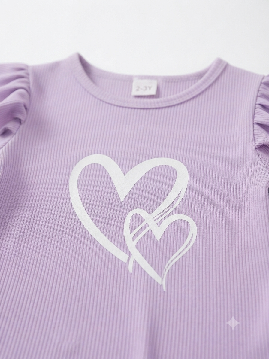 Set niña con blusa lila de corazones y short de mezclilla
