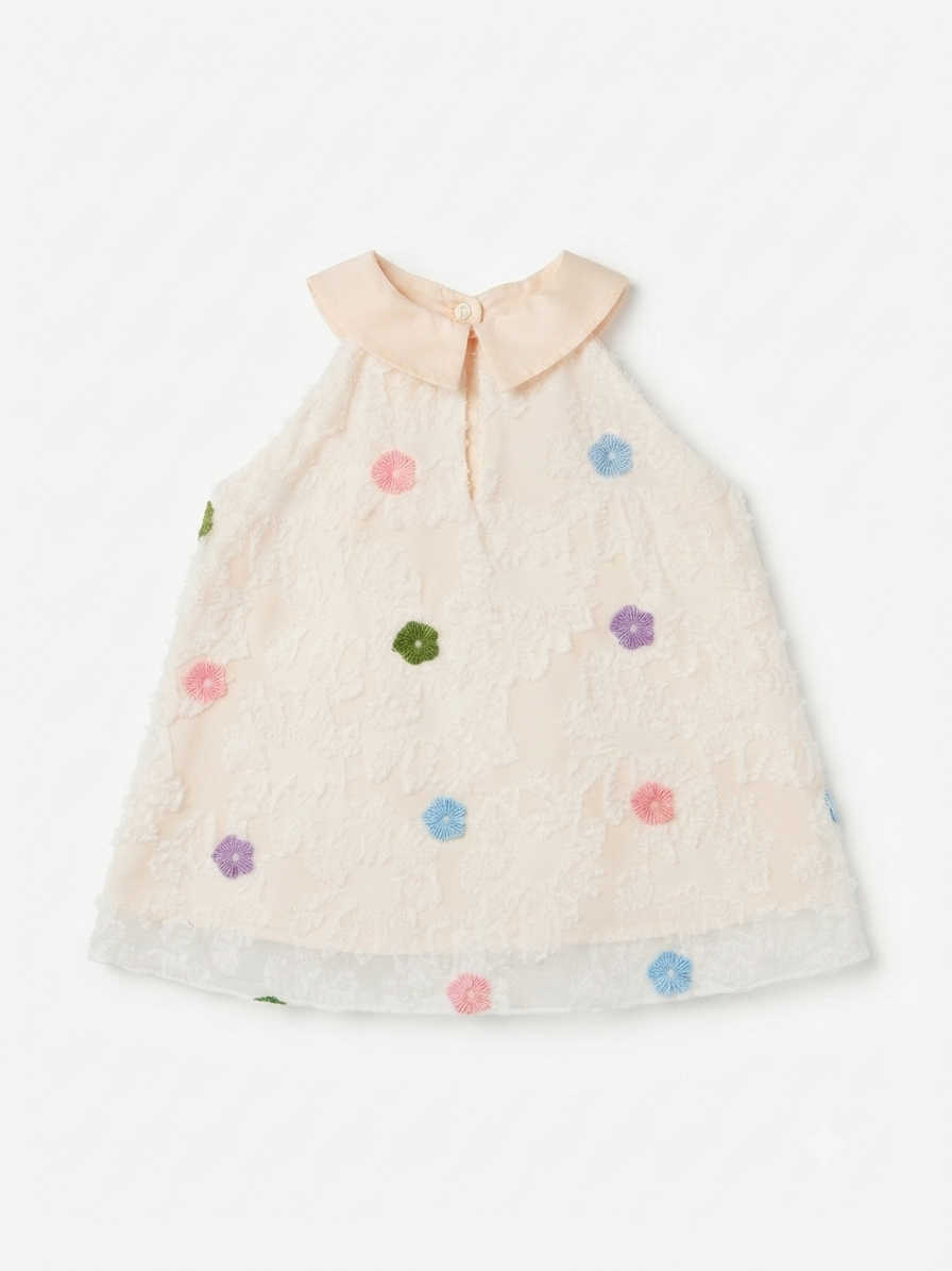 Vestido niña meses color crema con flores y bolsita