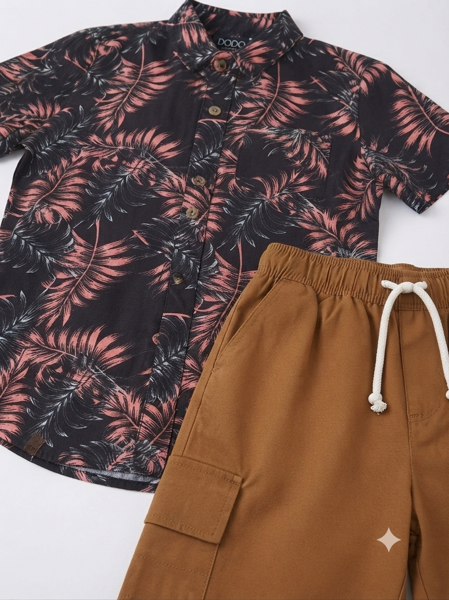 Set niño camisa estampada tropical con short cargo