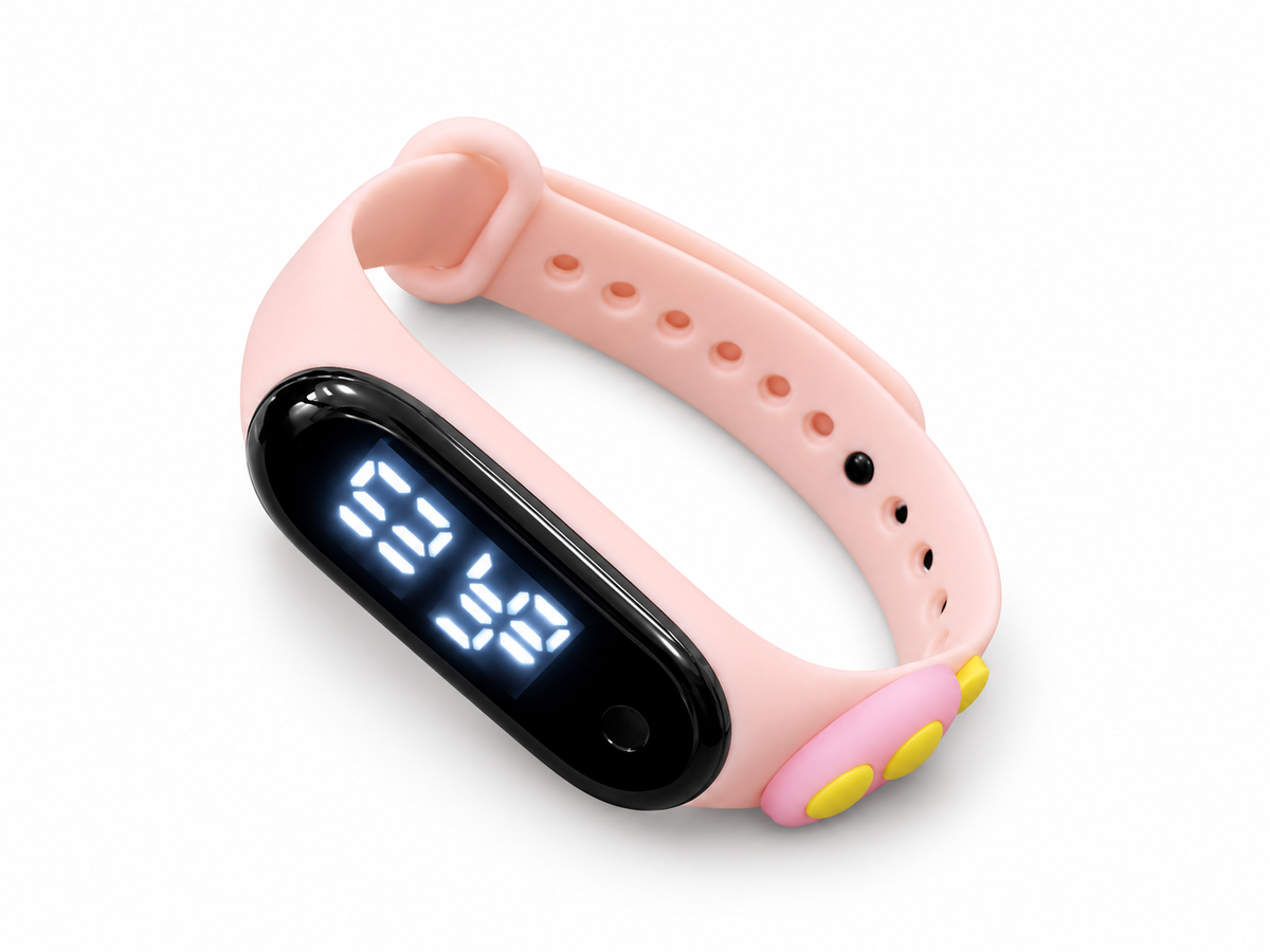 Reloj infantil digital rosa pastel con figurita ovalada de detalles amarillos 💗⌚