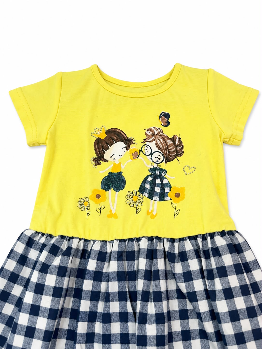 Vestido niña meses estampado cuadros con ilustración – Amarillo y azul marino