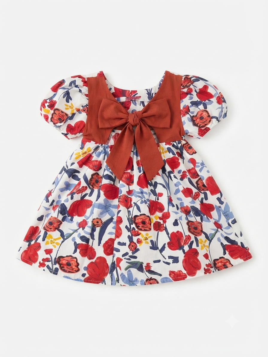 Vestido niña floral blanco con moño terracota y mangas bombachas