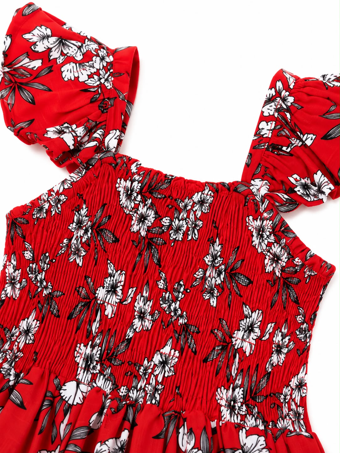 Vestido niña estampado floral rojo con Olanes en hombros