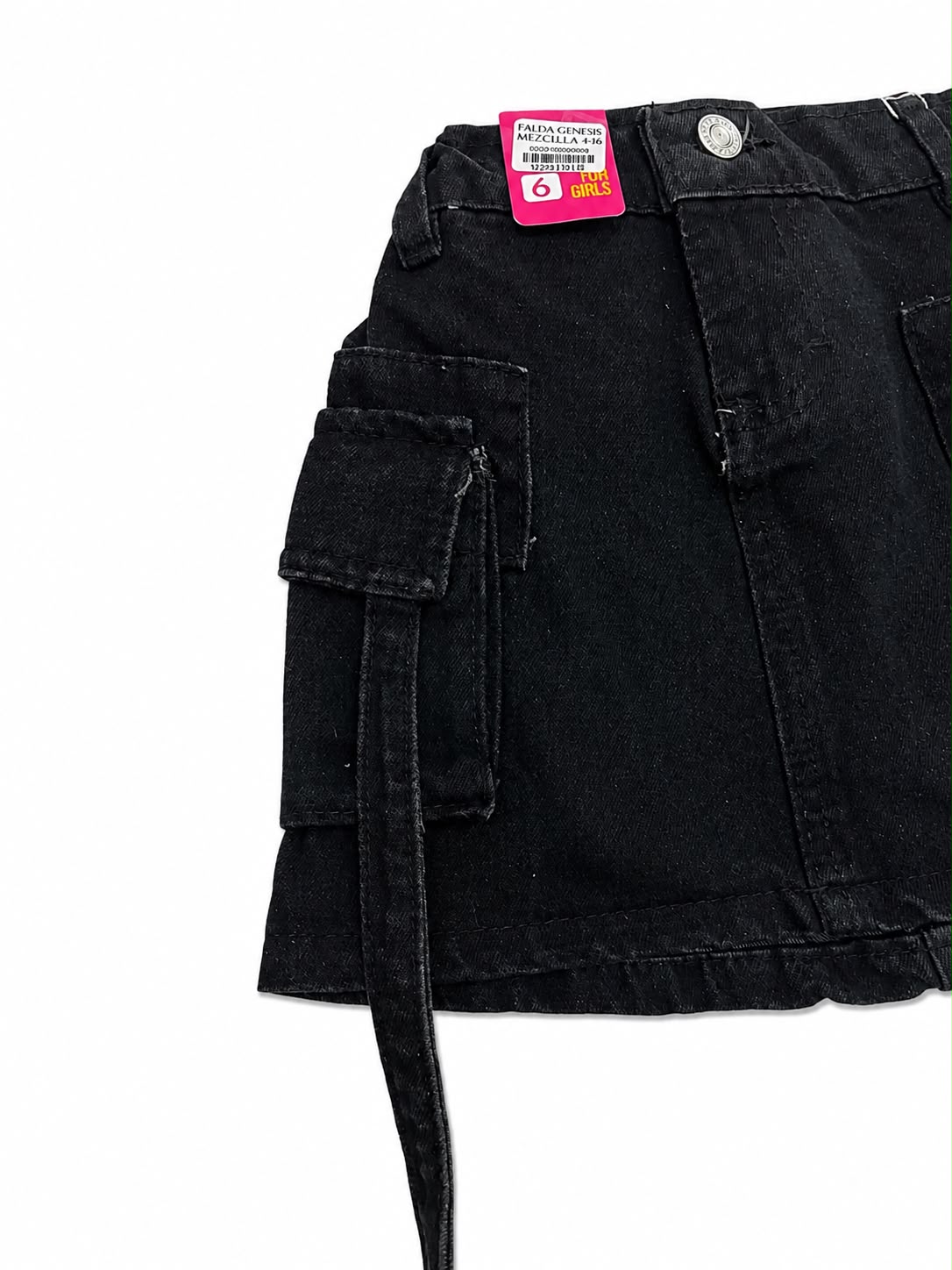 Falda niña mezclilla cargo negra cintura elástica