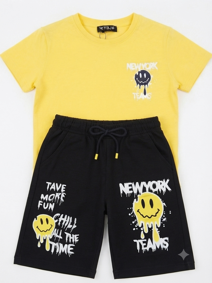 Set niño playera + short estampado smile – Color amarillo con negro