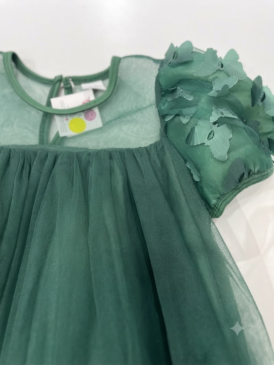 Vestido niña verde de tul con mariposas en 3D