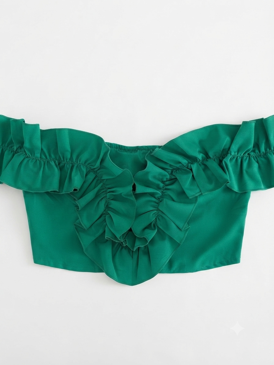 Blusa Dama OFERTA Crop Off Shoulder con Olanes Color Verde