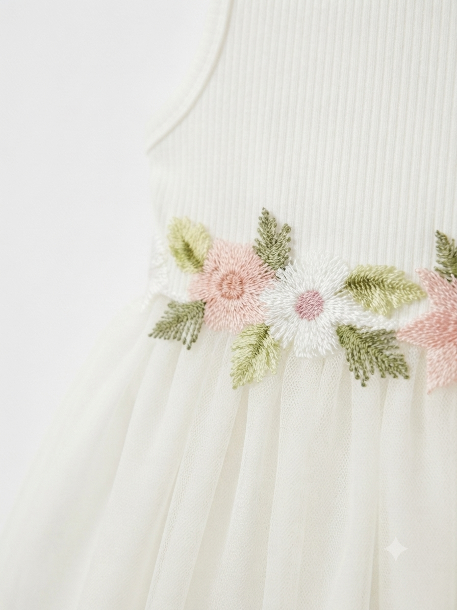 Vestido niña blanco con tul y flores bordadas en la cintura