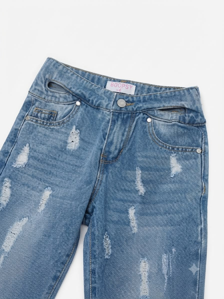 Pantalón niña de mezclilla wide leg con acabado deslavado