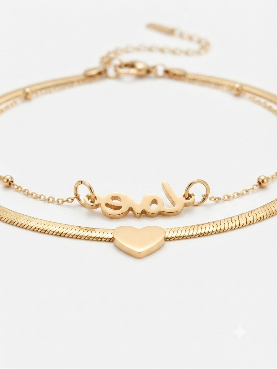 Tobillera dama accesorio doble cadena Love con corazón 💛✨