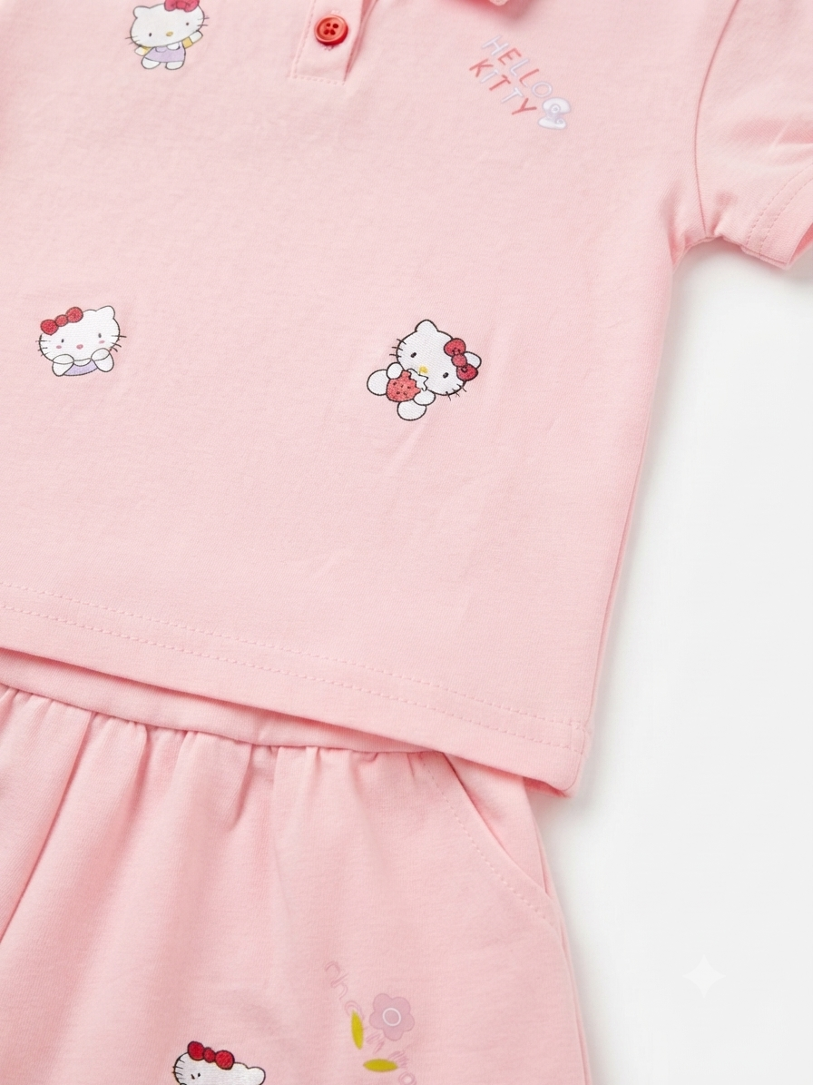 Set niña rosa con playera tipo polo y short de gatita