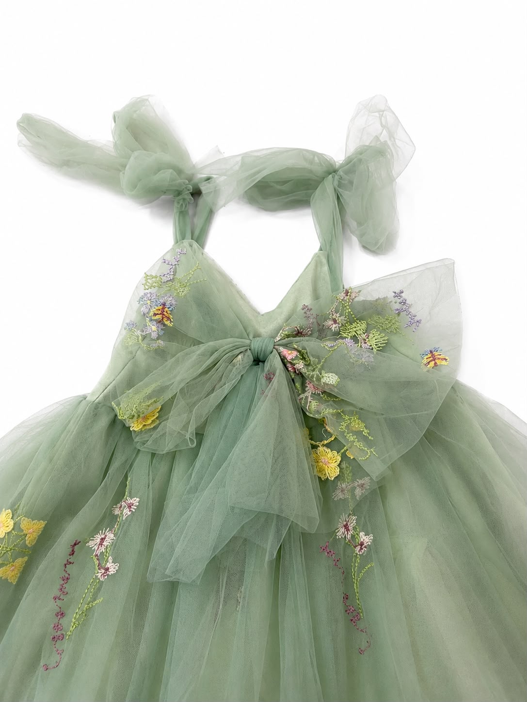 Vestido niña meses de tul bordado con moños en hombros – Verde salvia