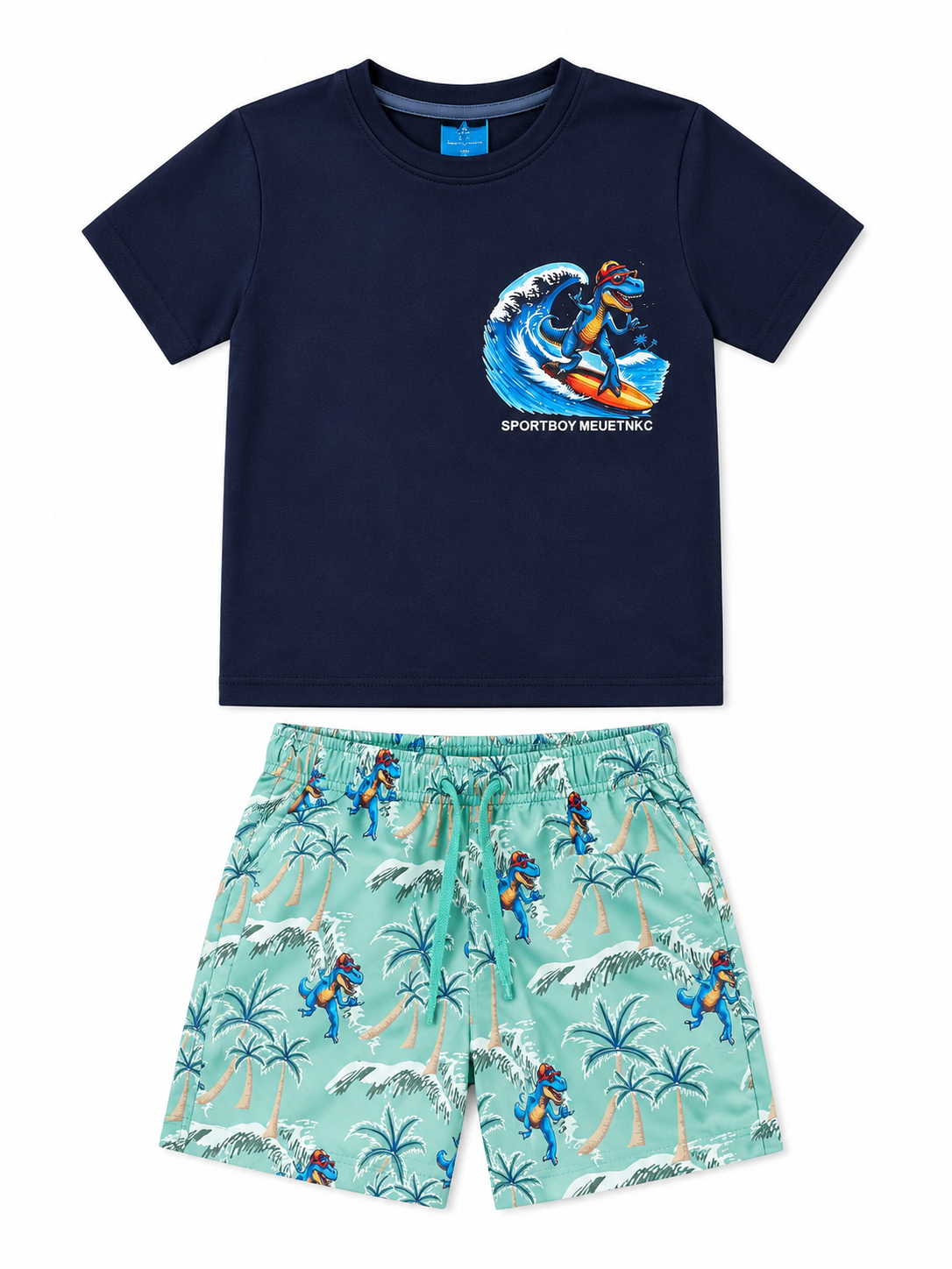 Set niño playera azul marino con short estampado tropical de dinosaurios estilo playero casual