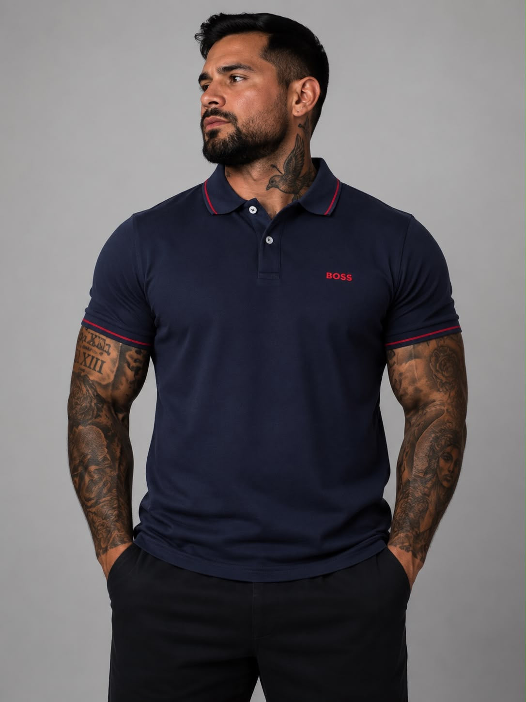 Playera caballero Tipo polo Azul Marino con Detalles Rojos y Bordado Frontal B@SS