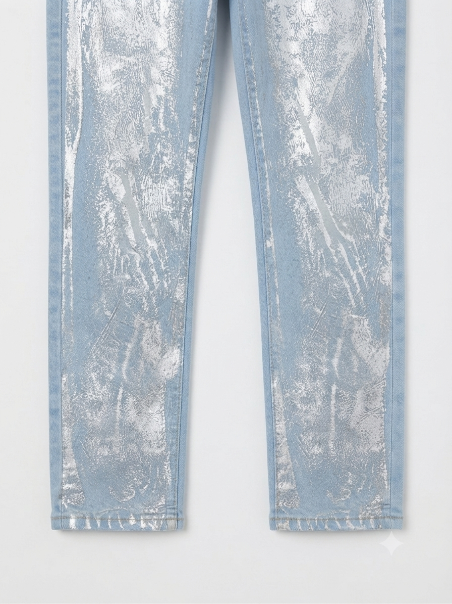 Pantalón dama mezclilla efecto metalizado plateado