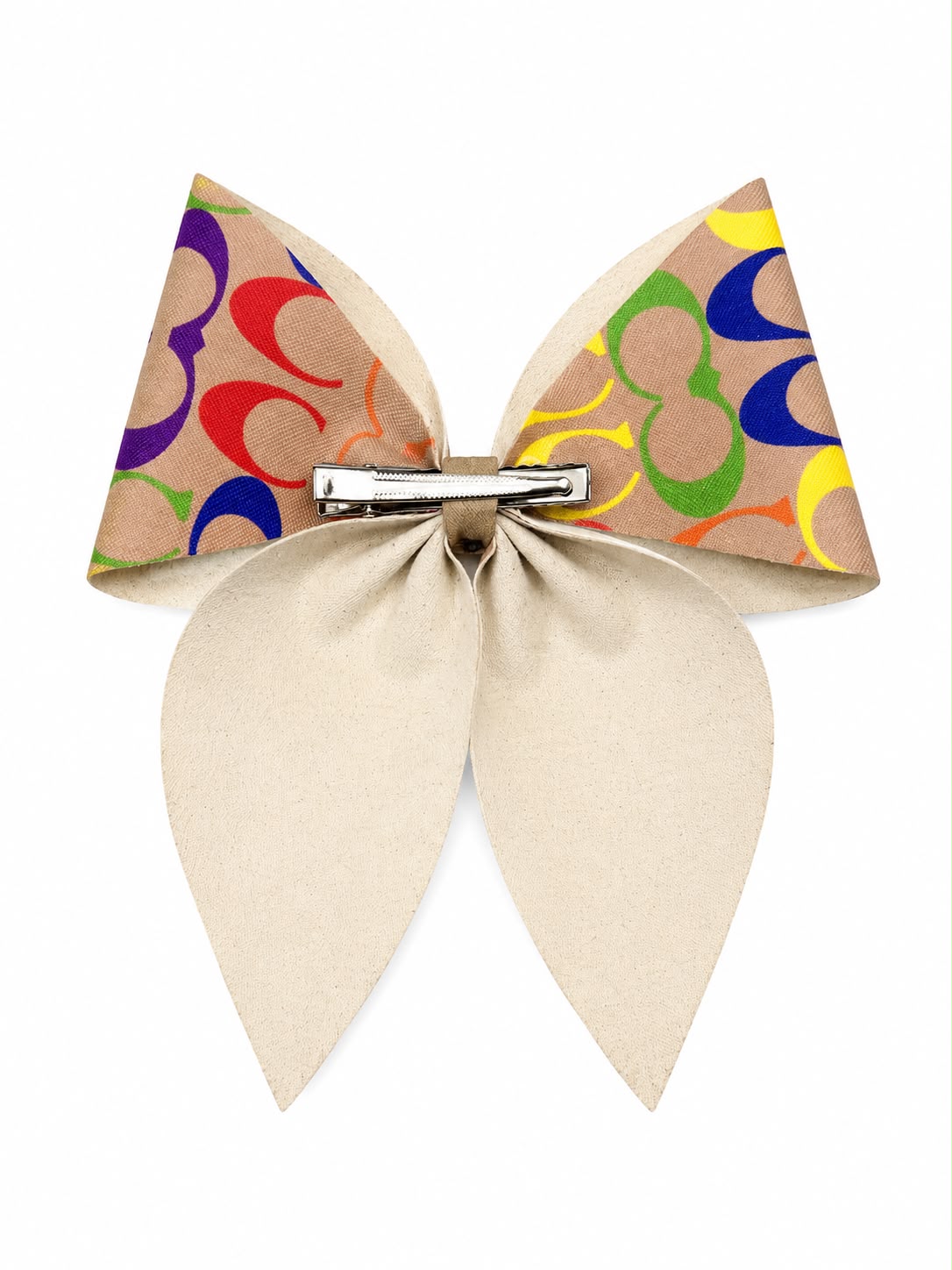 Moño niña beige con estampado multicolor y detalle dorado