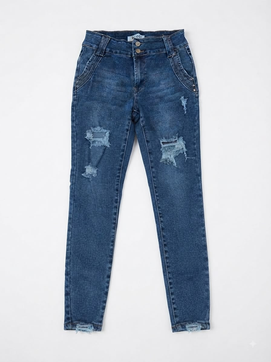 Pantalón Dama Skinny Azul Mezclilla Desgastado con Botones y Detalle en Bolsillos