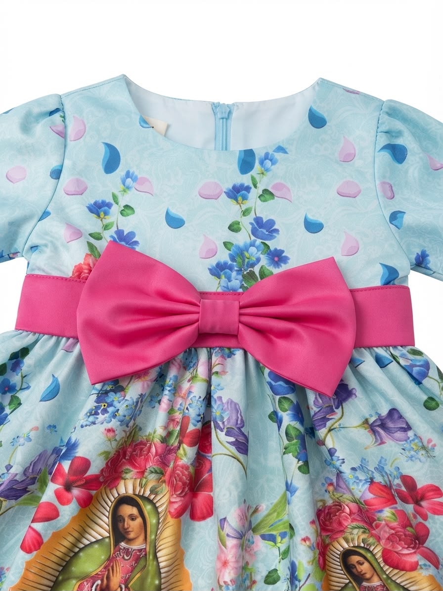 Vestido niña celeste con estampado floral y detalle religioso