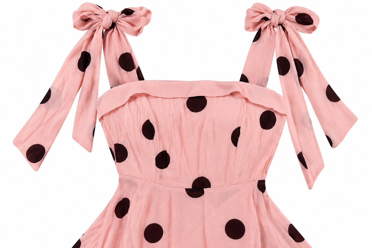 Vestido dama rosa con estampado de lunares negros
