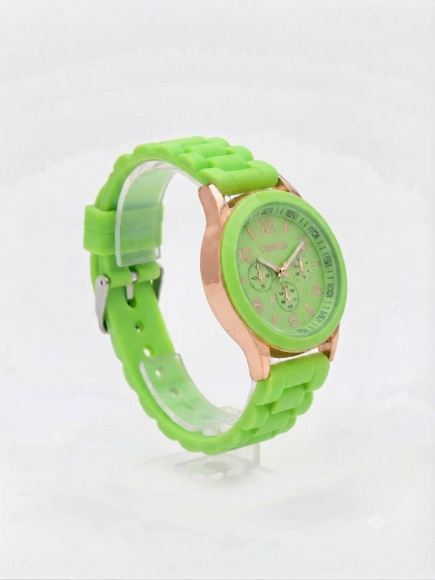 Reloj dama verde limón de silicón con detalles oro rosa