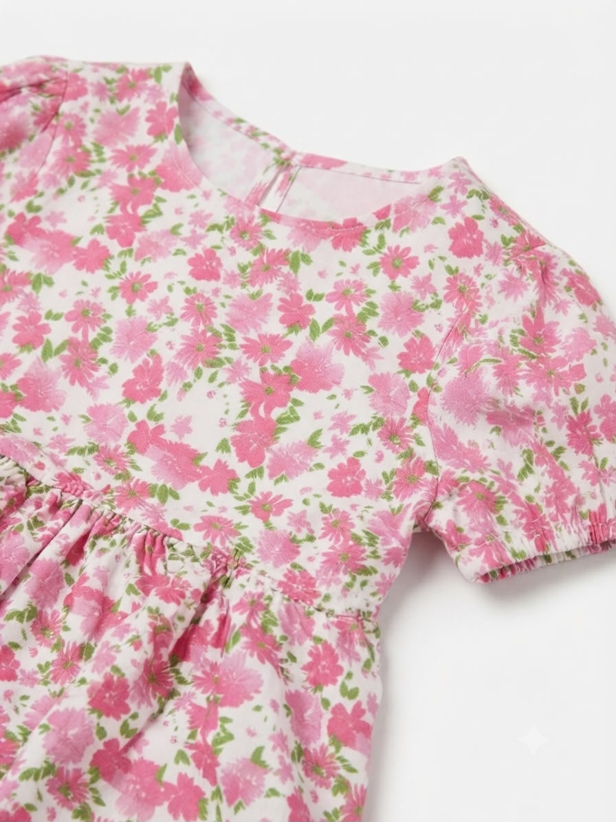 Vestido niña floral rosa con mangas abullanadas