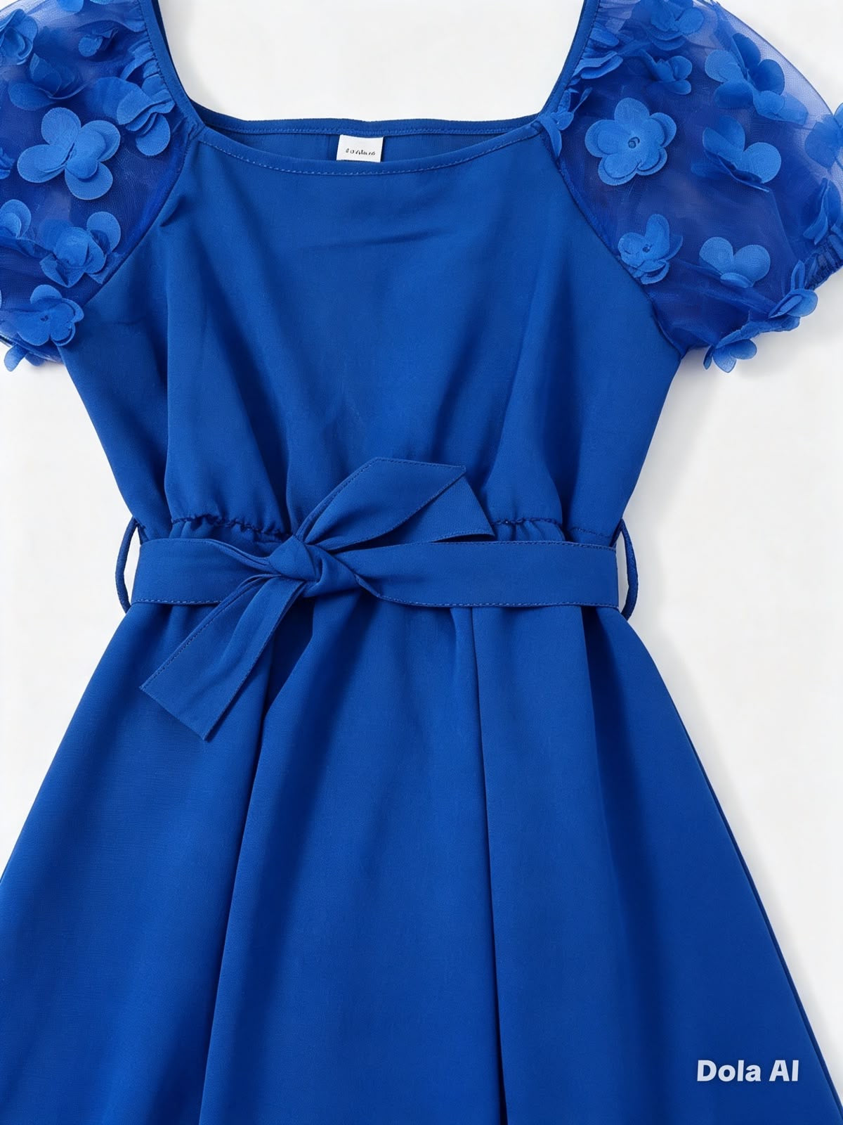 Vestido niña azul rey con mangas flores 3D