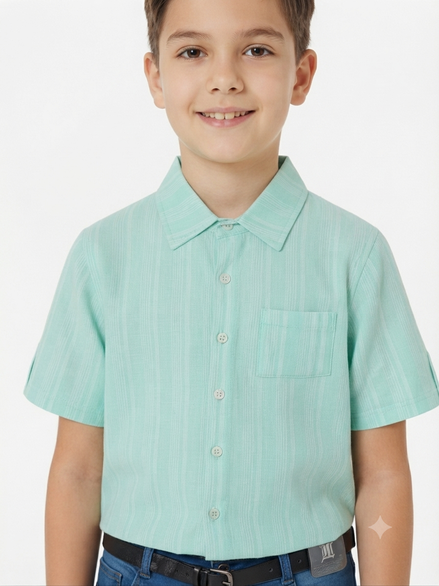 Set niño camisa + bermuda de mezclilla con cinturón – Verde agua