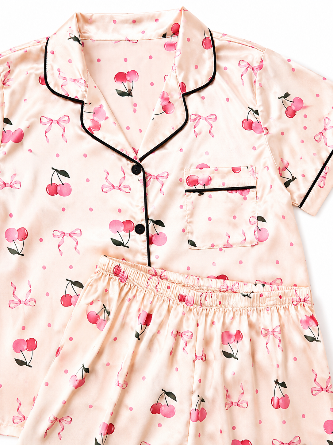 Pijama Dama satinada estampado cerezas y moñitos