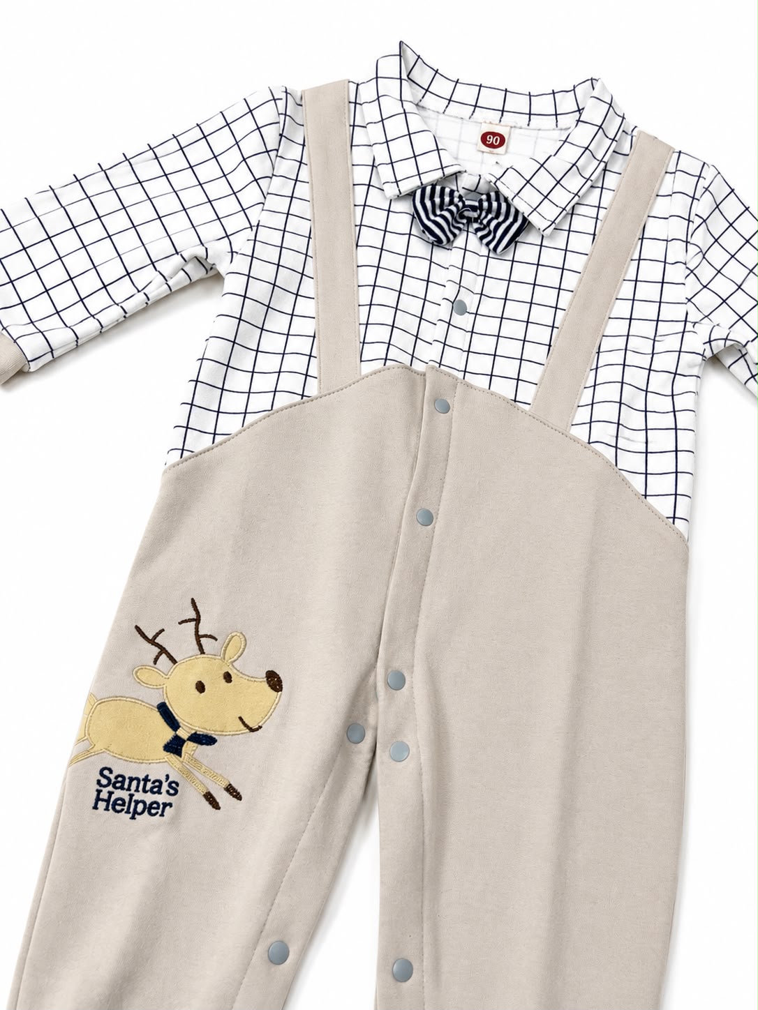 Set niña con overol beige y camisa y cuadros
