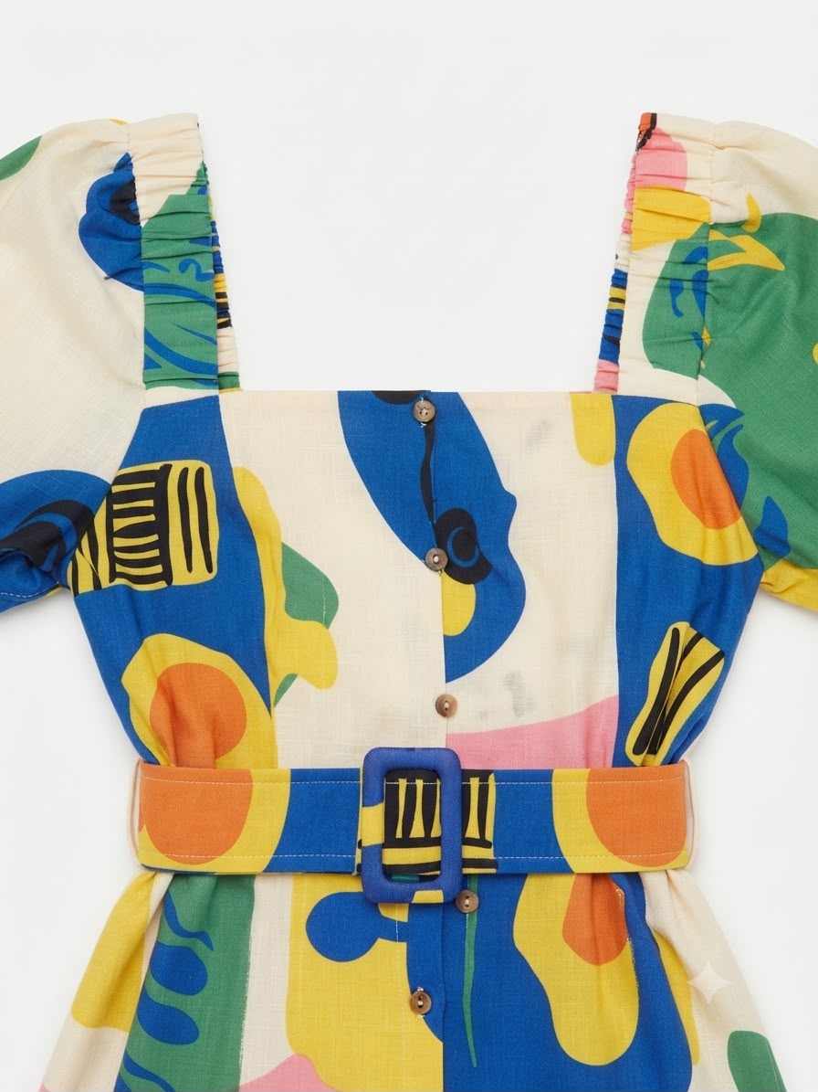 Vestido Dama Largo Estampado Multicolor con Cinturón