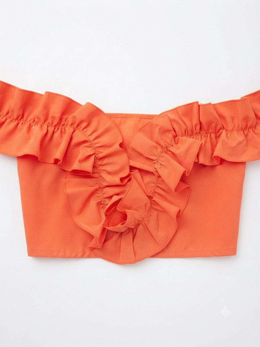 Blusa Dama OFERTA Crop Off Shoulder con Olanes Color Coral