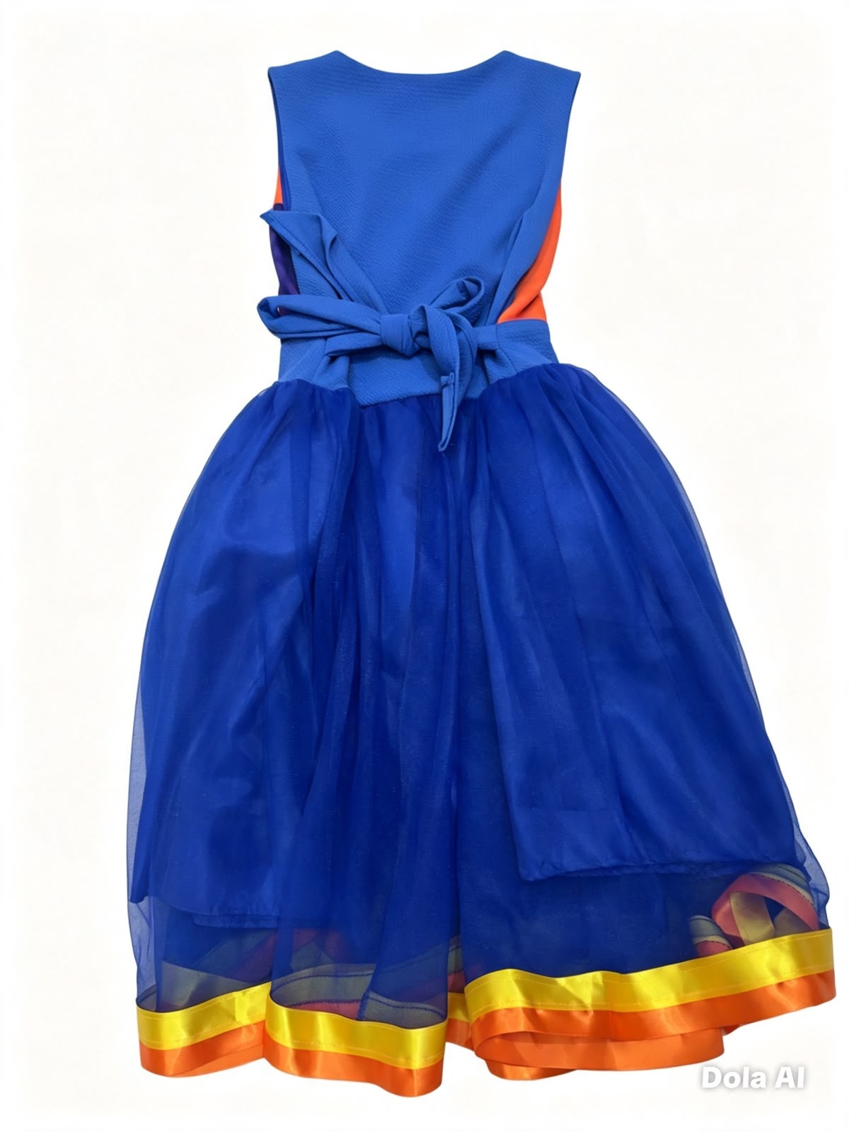 Vestido niña inspirado en personaje infantil con falda de tul azul y moño decorativo