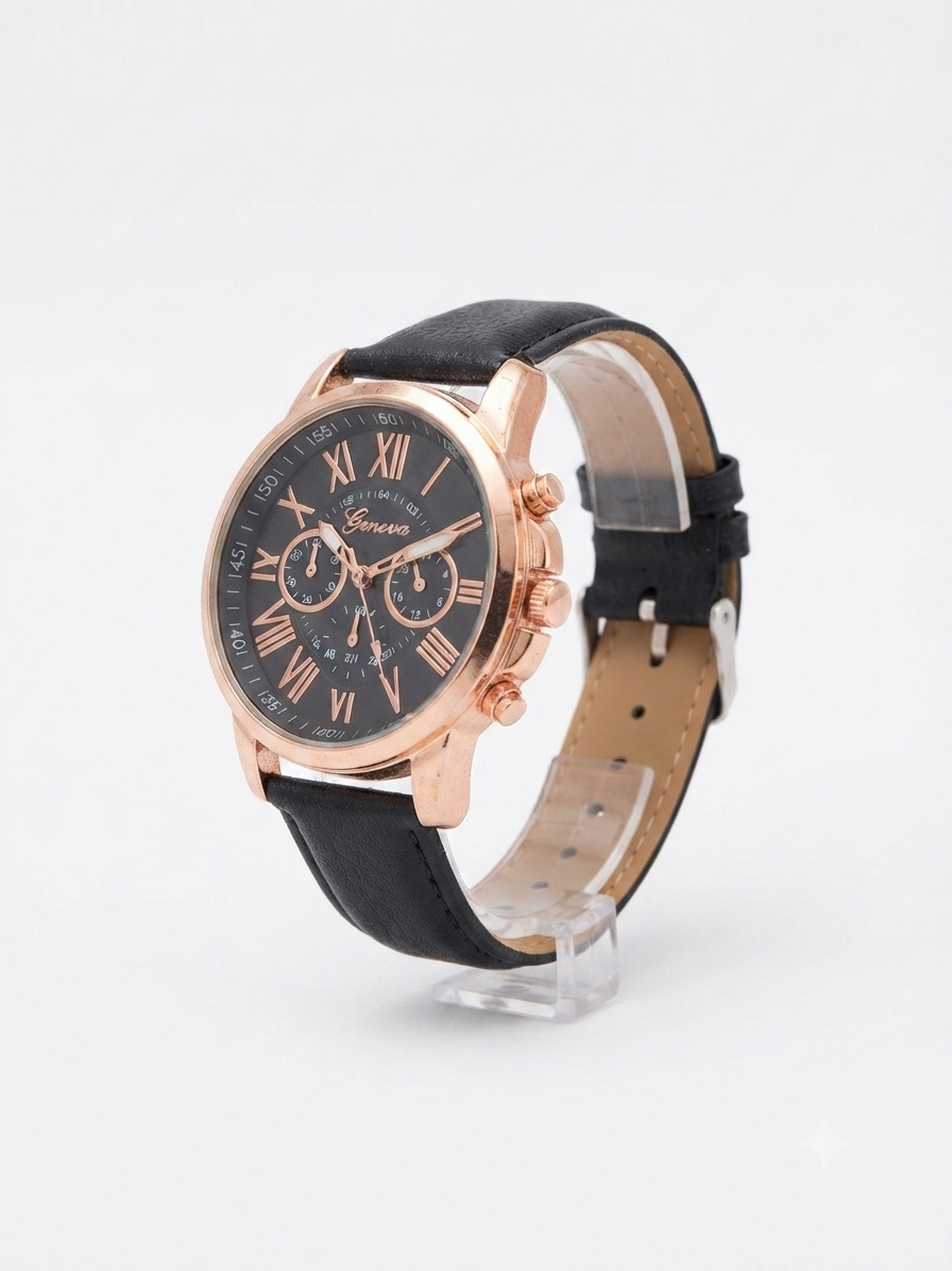 Reloj dama correa negra bisel oro rosa carátula negra
