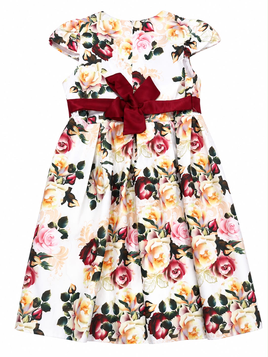 Vestido niña blanco con estampado floral y moño vino