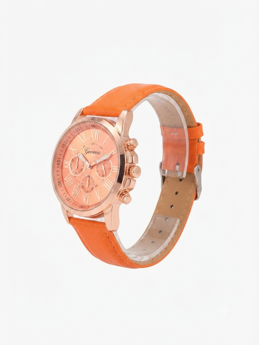 Reloj dama correa naranja bisel oro rosa carátula naranja