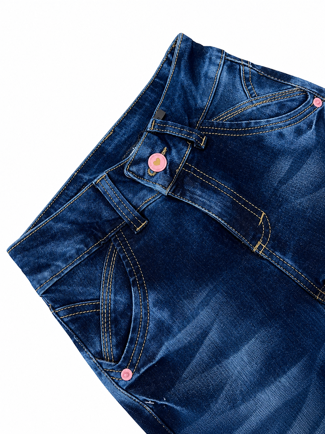 Pantalón niña de mezclilla azul con detalles rosa y corte skinny