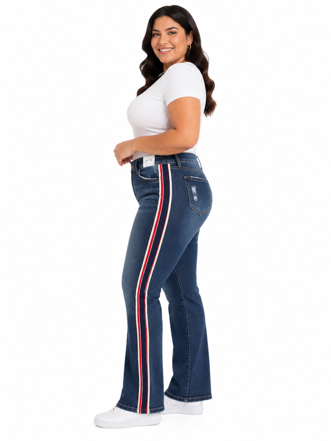 Pantalón dama mezclilla azul medio con líneas laterales tricolor rojo, blanco y azul