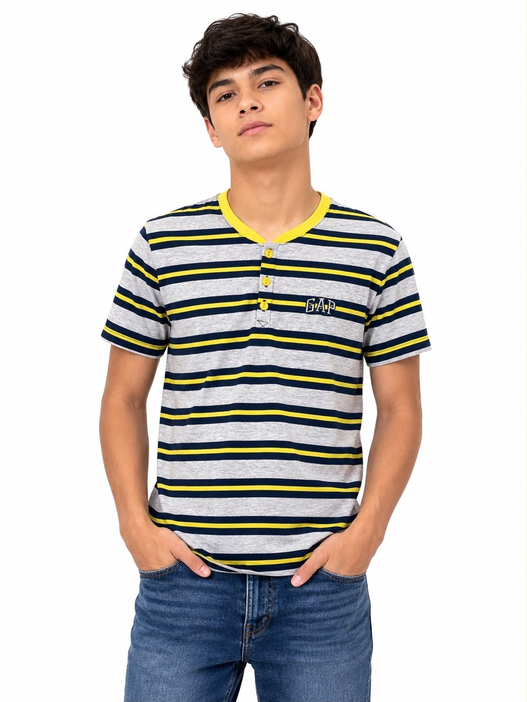 Playera niño cuello redondo rayas gris, azul marino y amarillo