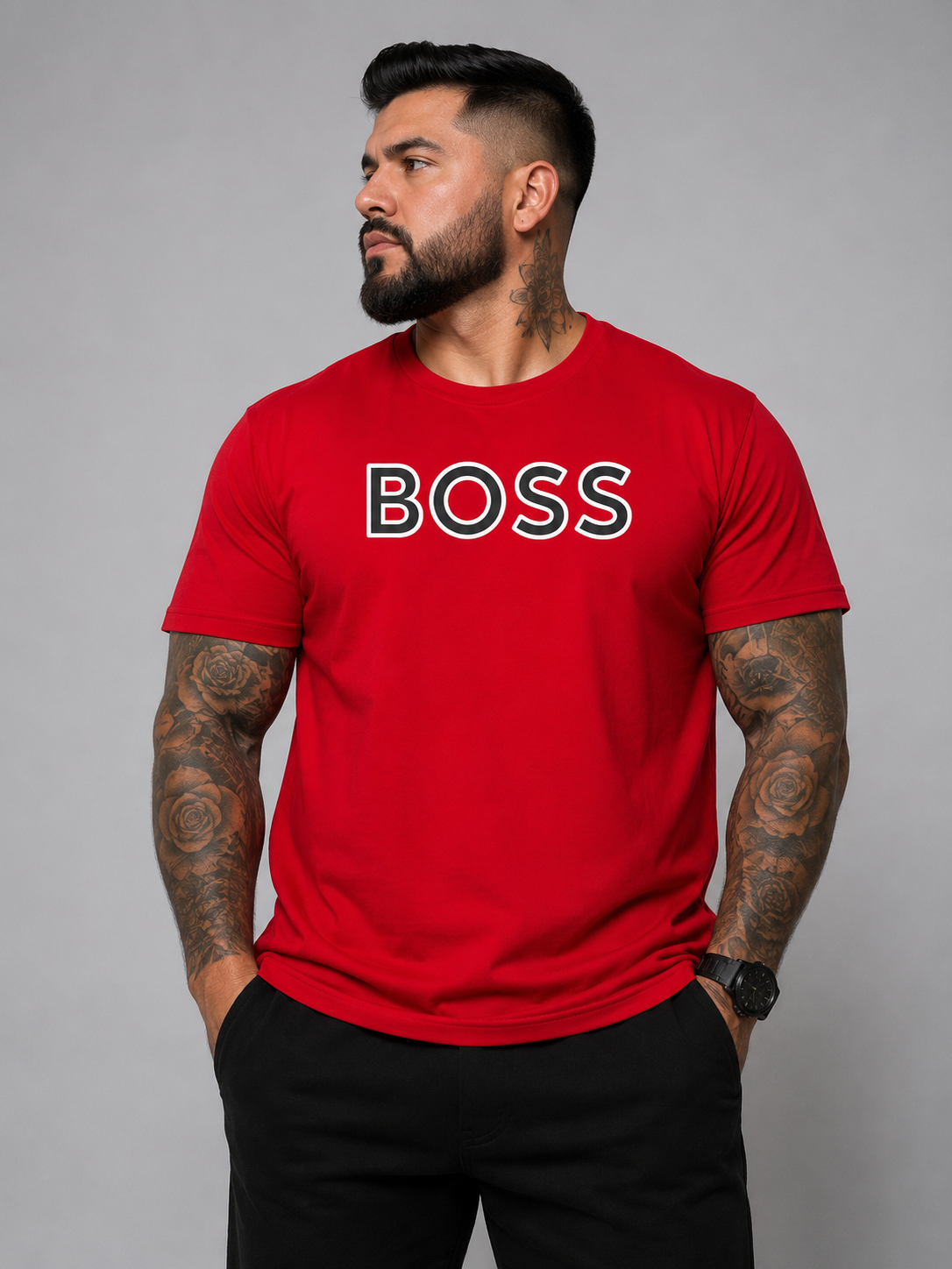 Playera caballero roja con negro cuello redondo B@SS
