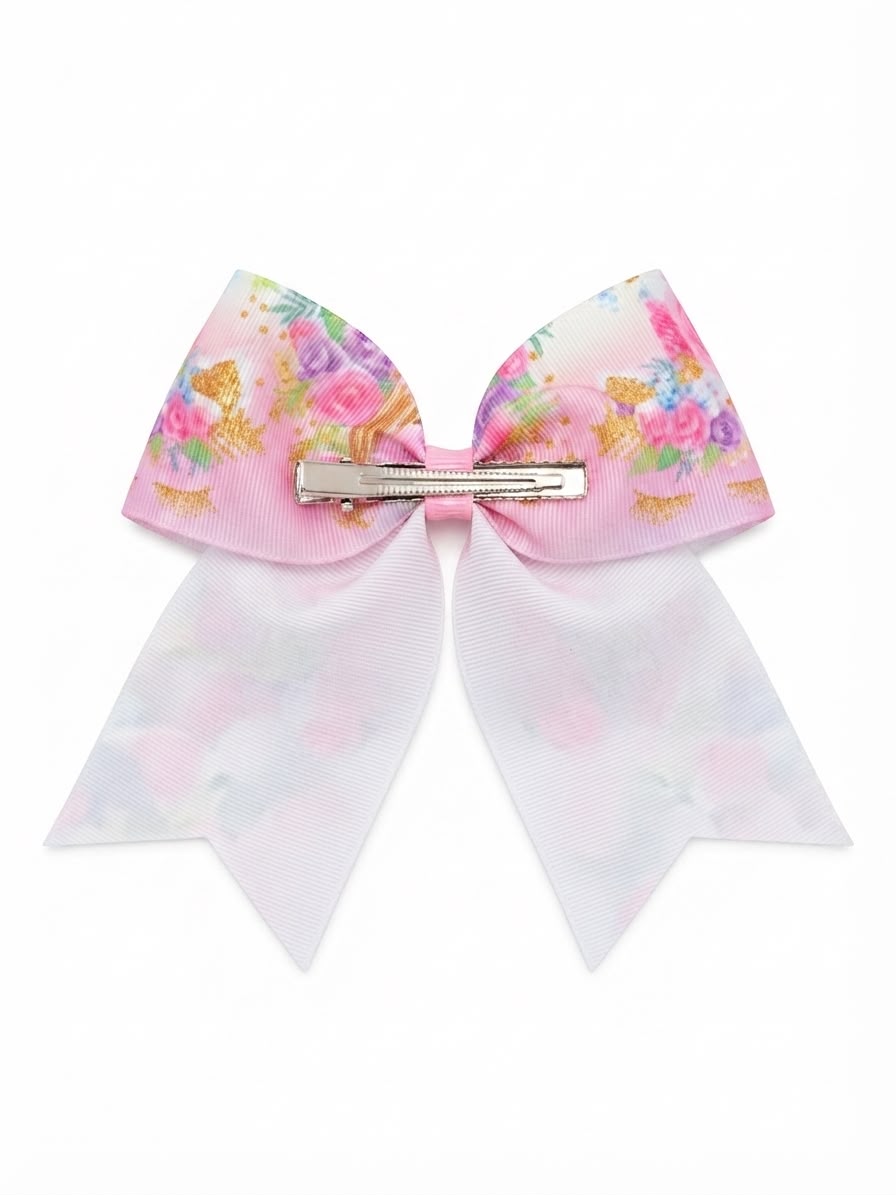 Moño niña rosa con estampado de unicornio y flores