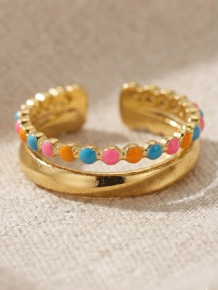 Anillo dama dorado doble aro con detalles multicolor