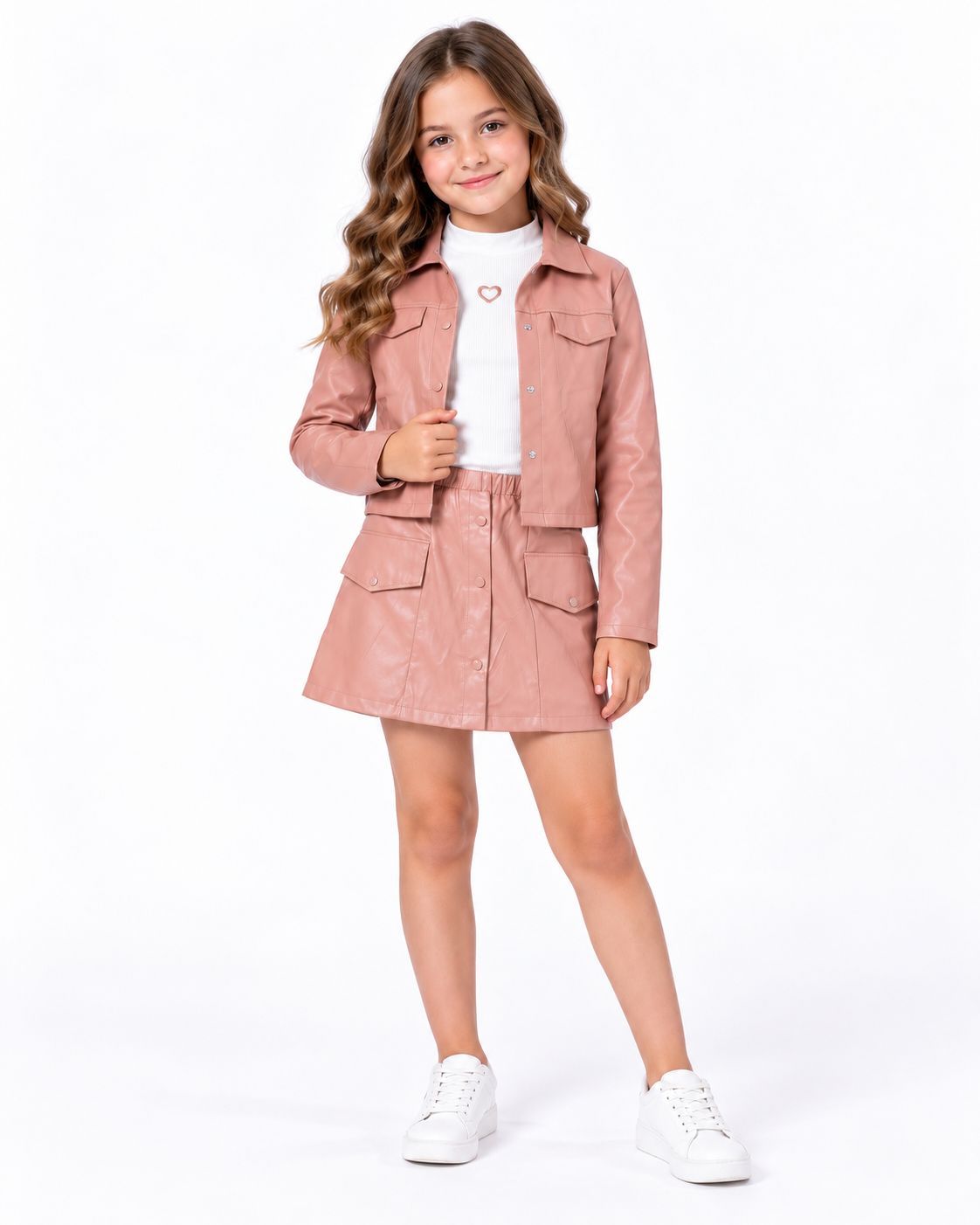 Set niña 3 piezas con chamarra y falda efecto piel