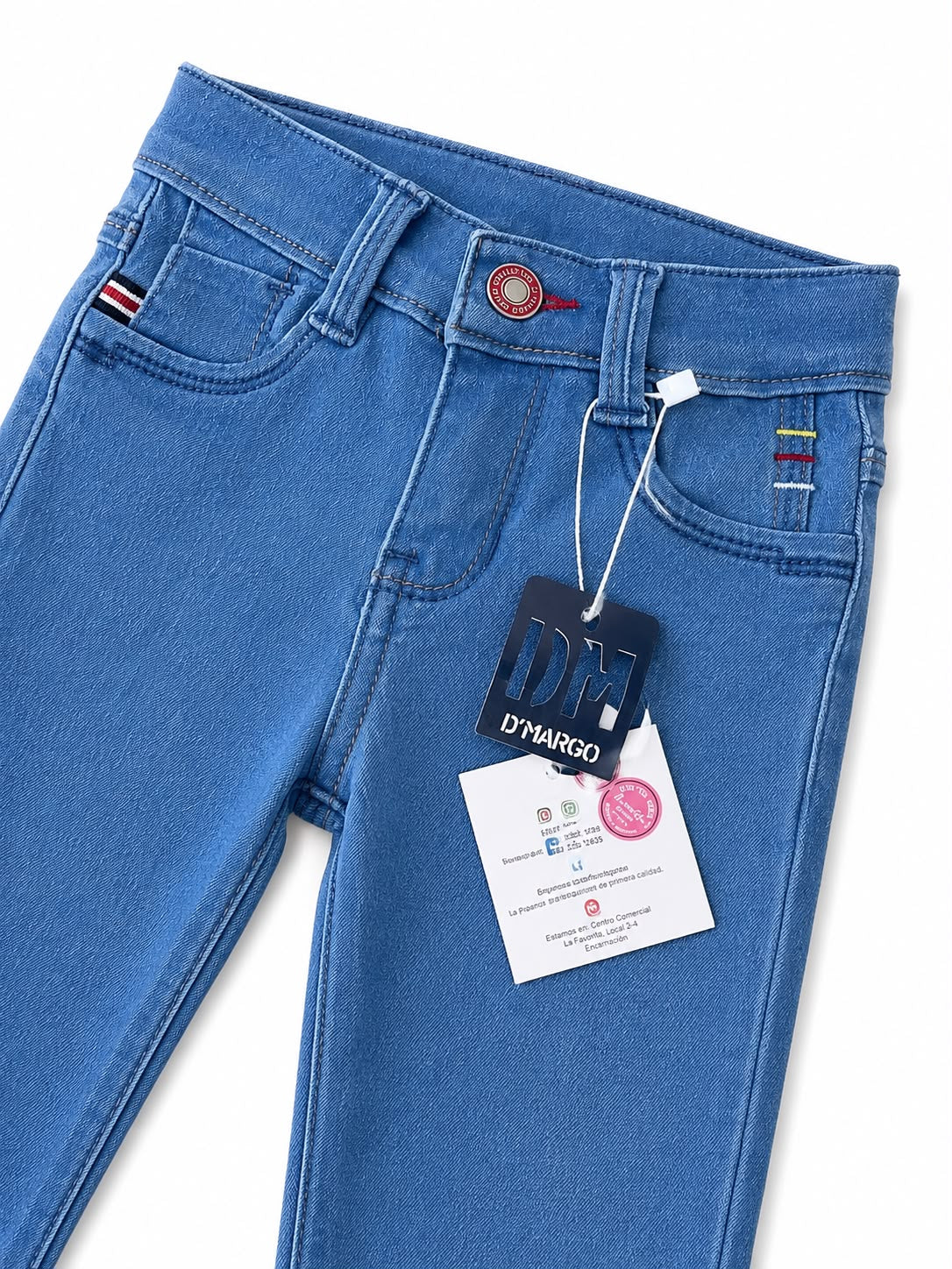 Pantalón niño mezclilla azul claro con detalles de color