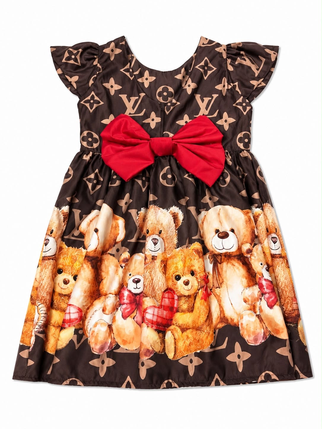 Vestido niña café con estampado de ositos