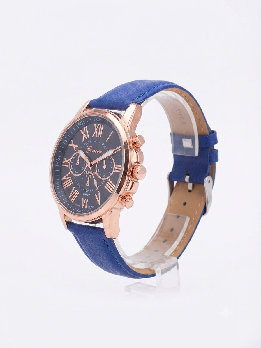 Reloj dama correa azul bisel oro rosa carátula azul