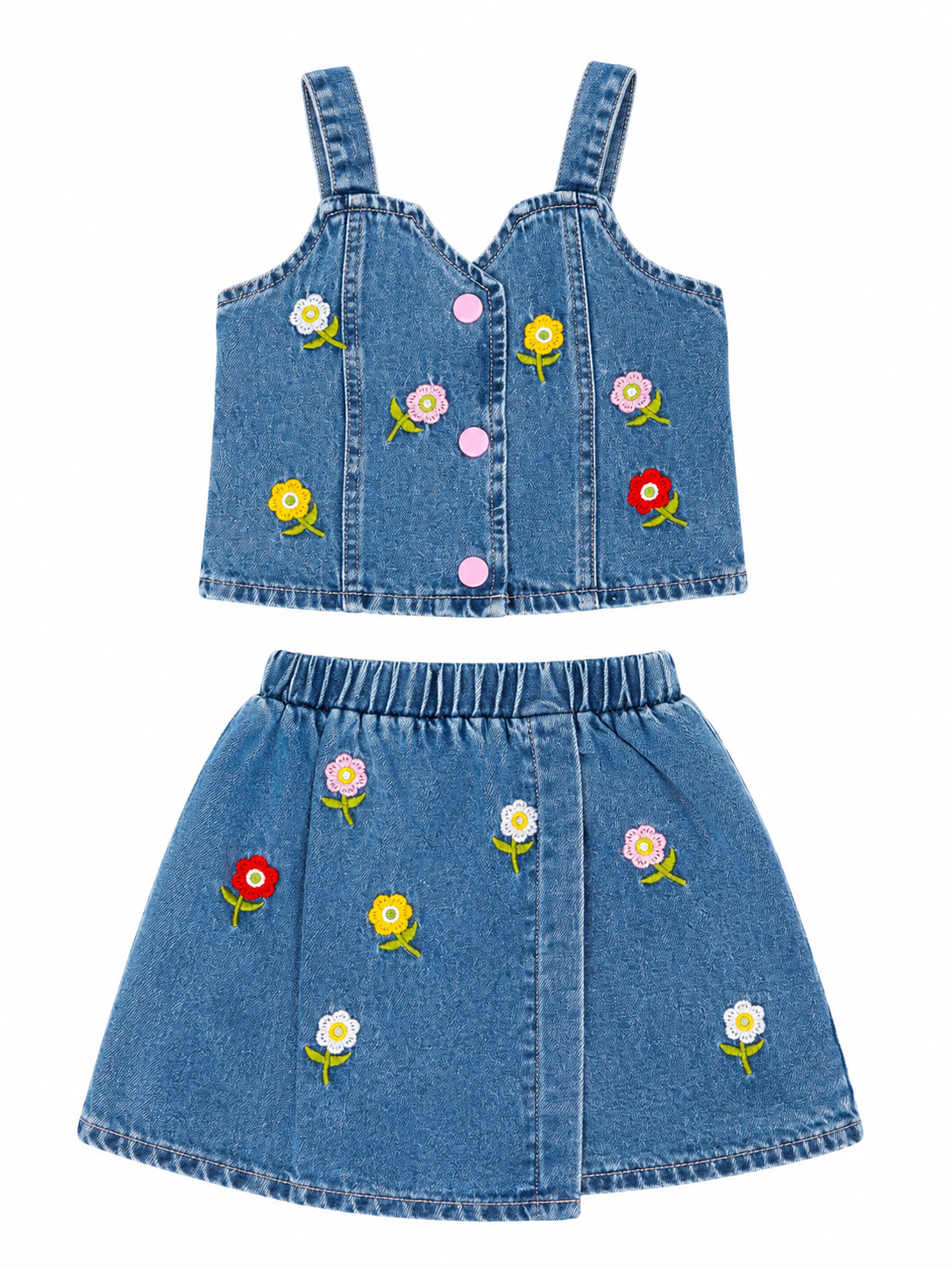Set niña blusa y falda de mezclilla con bordado floral